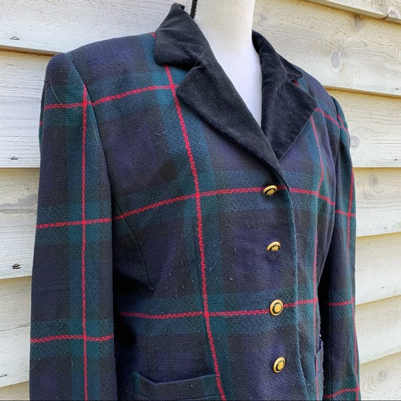 Vintage 80s Green Plaid Collared Velour V-Neck Button Down Long Sleeve Blazer - Picture 4 of 16